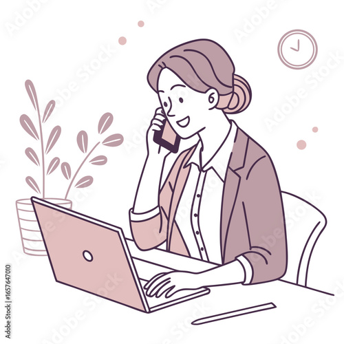 Woman on phone working on laptop with plant office worker
