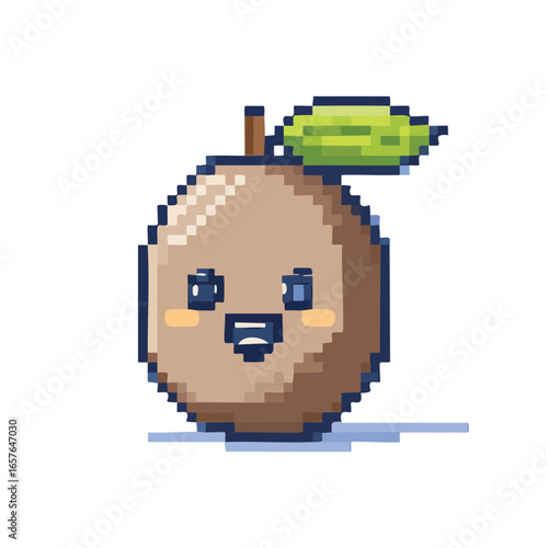 Pixelated illustration of a cute sapodilla fruit with a smiling face and a green leaf.