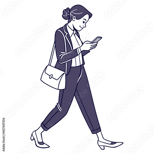 Woman in dark suit using smartphone while walking businesswoman technology
