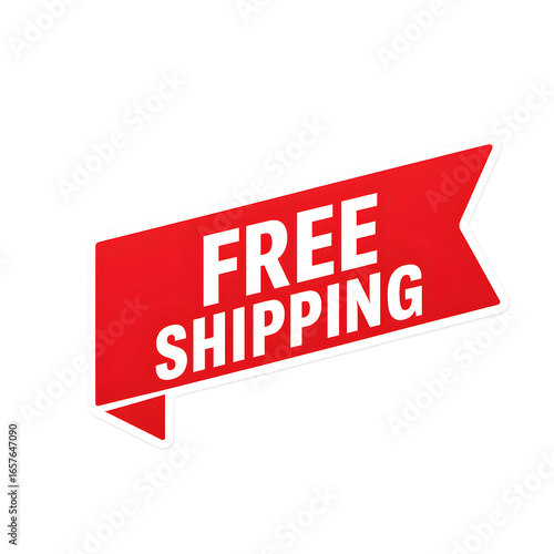Shipping Label with Red and White Banner Reading “Free Shipping”, Bold Typography on a Ribbon Shape for E-Commerce Promotions and Delivery Offers