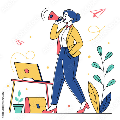 Woman with megaphone announcing business news communication announcement
