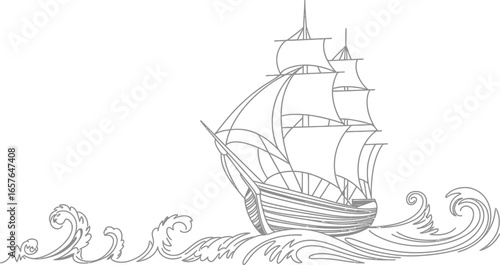 Line art ship on wavy water, sailing boat with transparent background design
