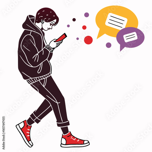 Person wearing hoodie and red sneakers texting on phone messages communication