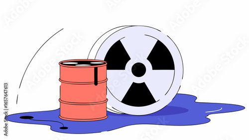 Illustration of a red barrel with black liquid and a radiation symbol in a puddle on a white background