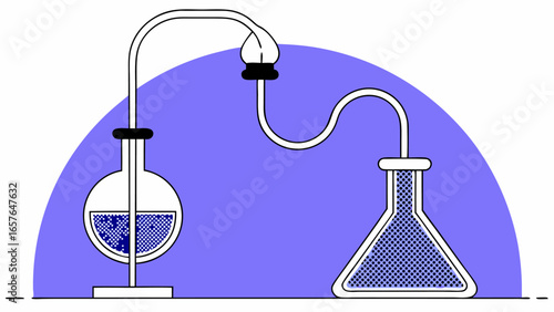 Illustration of laboratory glassware setup with round bottom flask and erlenmeyer flask on a purple background