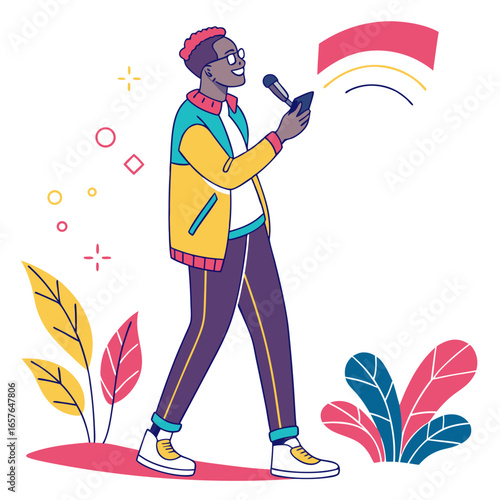 Man with microphone and phone presenting presenter technology