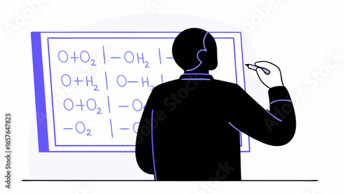 Illustration of a person writing chemical equations on a whiteboard with a marker in a classroom setting
