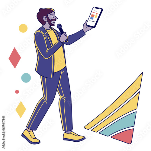 Man presenting with microphone and tablet presenter presentation