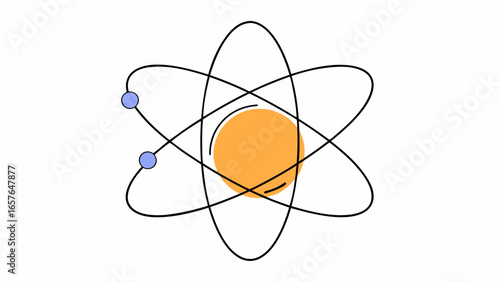 Illustration of an atom with orange nucleus and two blue electrons orbiting in black elliptical paths