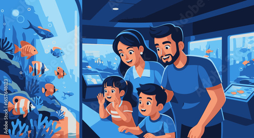 A happy family with two children enjoying a day at the aquarium, watching colorful fish swim in a large tank.