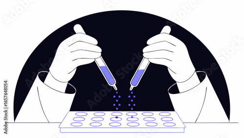 Illustration of two hands holding droppers dispensing liquid into a multi well plate in a lab setting