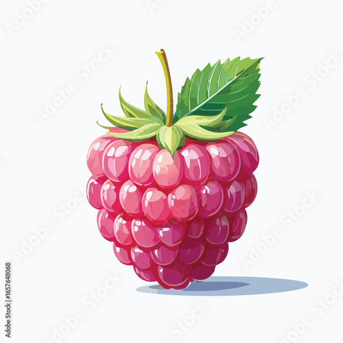 A vibrant illustration of a ripe raspberry, showcasing its texture and attached leaf.