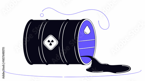 Leaking barrel with radioactive symbol and spilled liquid on the floor in a cartoon style design art