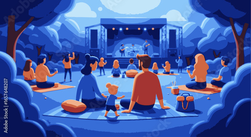 Families and friends gather in a park for a live outdoor music concert, sitting on blankets and enjoying the performance.
