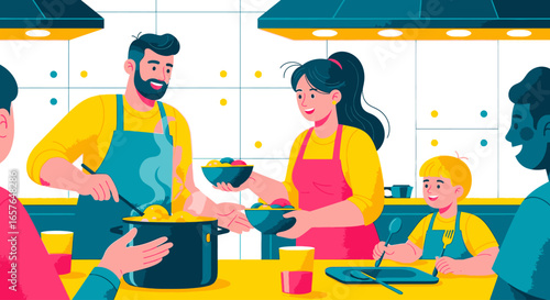 Illustration of a happy family cooking and sharing a meal together in a bright, modern kitchen.