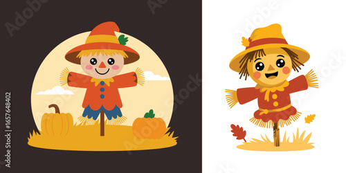 Vector art of cute scarecrow character with pumpkins and autumn leaves, autumn vector clipart
