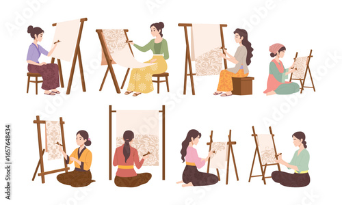 Women making batik clothes paintings vector illustration set