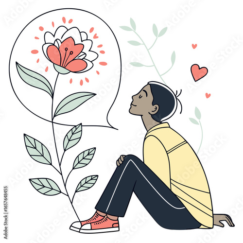 Person dreaming of a flower with hearts and leaves sitting cross-legged