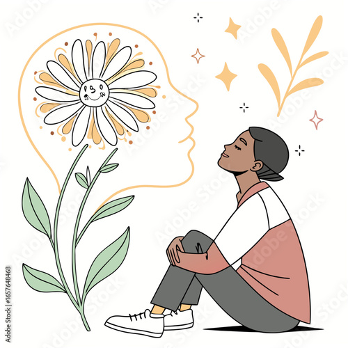 Person dreaming of a smiling flower with leaves and stars sitting cross-legged