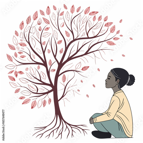 Person contemplating a stylized tree with falling leaves illustration sitting