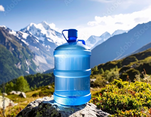 A large blue water bottle, symbolizing pure and refreshing hydration, rests on a rugged rock, framed by majestic snow-capped peaks and a pristine alpine setting