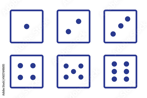 Dice graphic icon. White, Blue game dice cubes from one to six dots. Gambling objects to play in casino, poker. Six faces of cube. Traditional die with numbers of dots from 1 to 6. Vector.