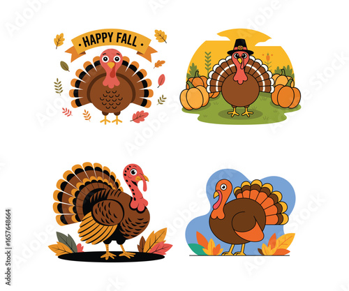 Vector art of collection of four cartoon turkeys celebrating thanksgiving and fall with autumn leaves and pumpkins autumn vector clipart