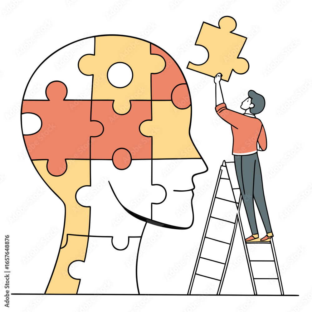 Fototapeta premium Man assembling giant head puzzle on white background ladder solution