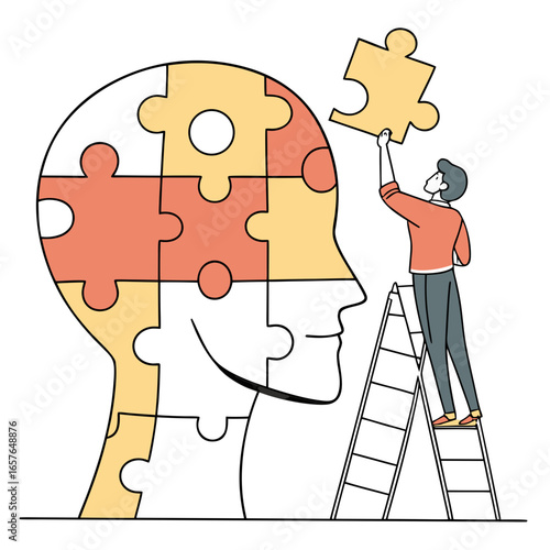 Man assembling giant head puzzle on white background ladder solution