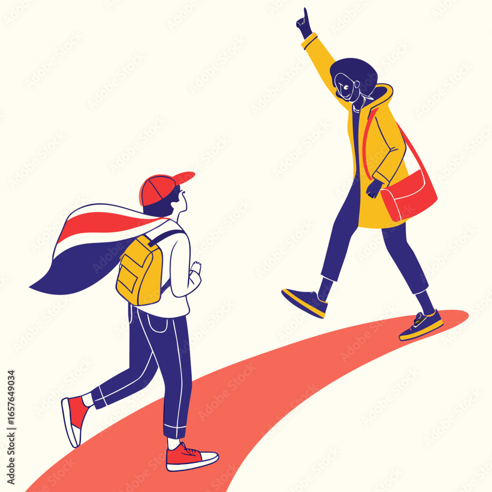Fototapeta premium Two people walking on a path with colorful outfits flat design illustration