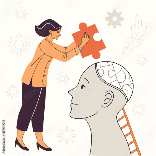 Woman placing puzzle piece into head with ladder psychology therapy