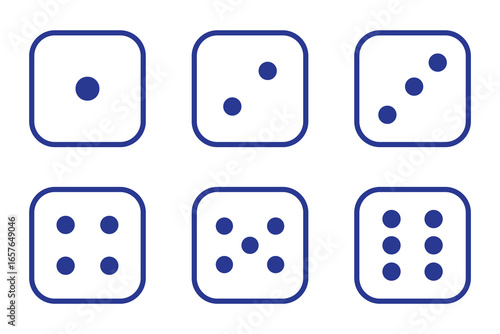 Dice graphic icon. White, Blue game dice cubes from one to six dots. Gambling objects to play in casino, poker. Six faces of cube. Traditional die with numbers of dots from 1 to 6. Vector.