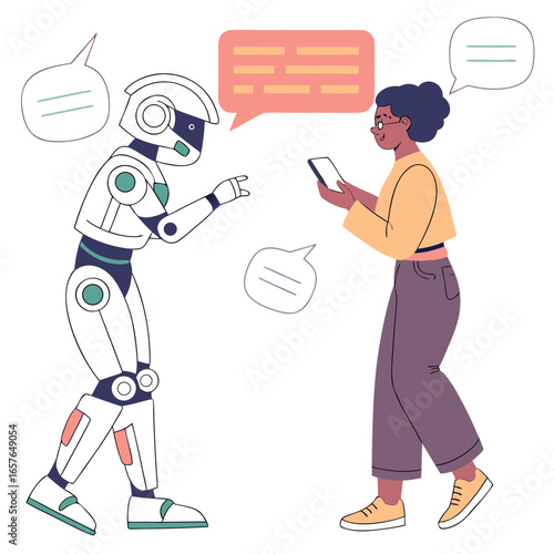 Human interacting with robot using mobile device artificial intelligence communication