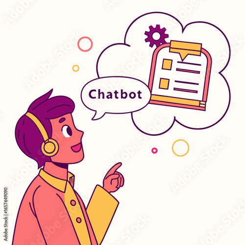 Man with headphones pointing at chatbot thought bubble with checklist and gear vector