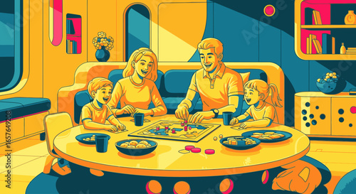 A cheerful family enjoying quality time together, playing a board game in their vibrant, modern living space.