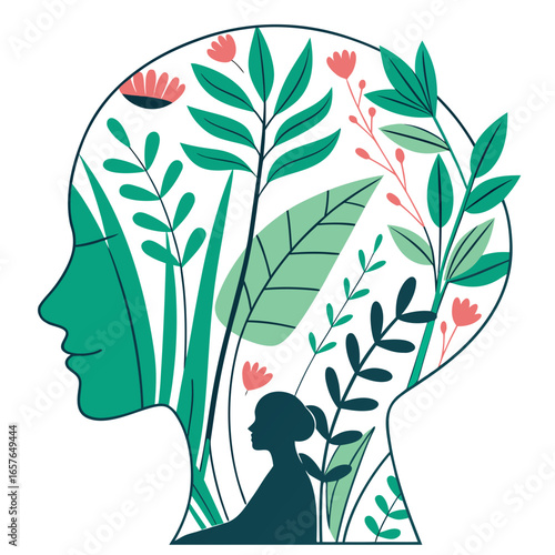 Silhouette head filled with green foliage and pink flowers profile woman