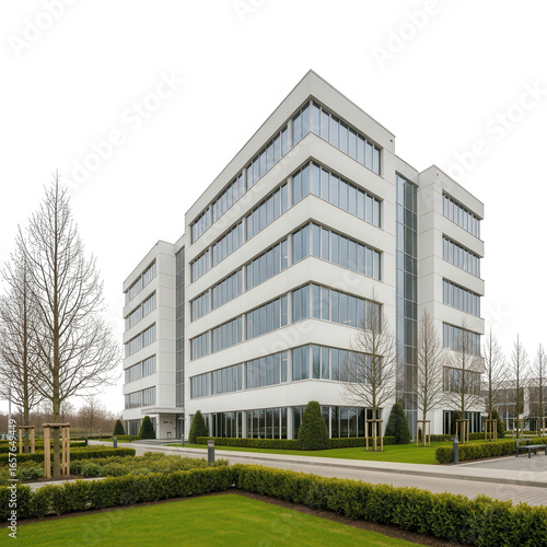 Modern white office building with large windows isolated on transparent background
