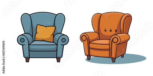 Vector art of two comfortable wingback armchairs, one blue with an orange cushion and one orange, isolated on a autumn vector clipart
