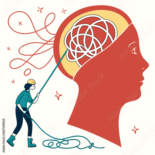 Person untangling complex thoughts with a tool messy line brain