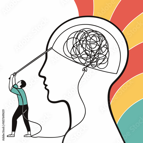 Person untangling mental chaos with tool mess mind