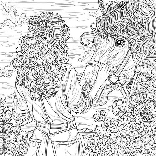 Woman with horse and flowers.Coloring book antistress for children and adults.