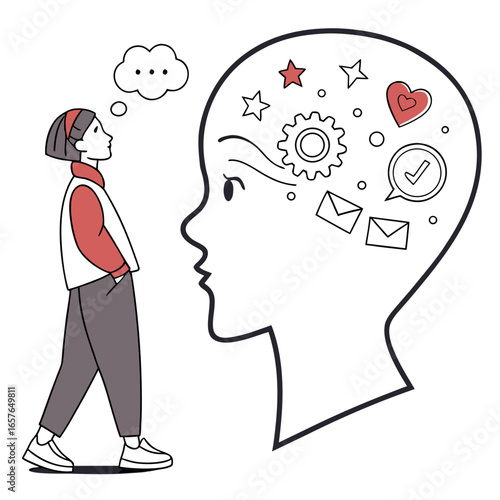 Person contemplating giant head with thoughts and symbols cartoon thinking