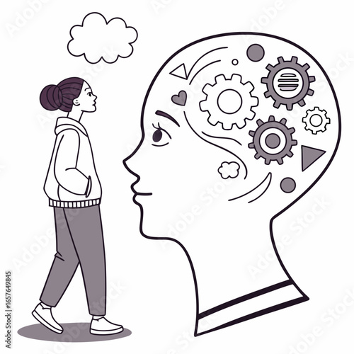 Woman observing giant head with gears and thought bubble vector