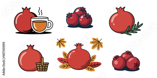 Vector art of collection of pomegranates and related items, including a cup of tea and a basket, autumn vector clipart
