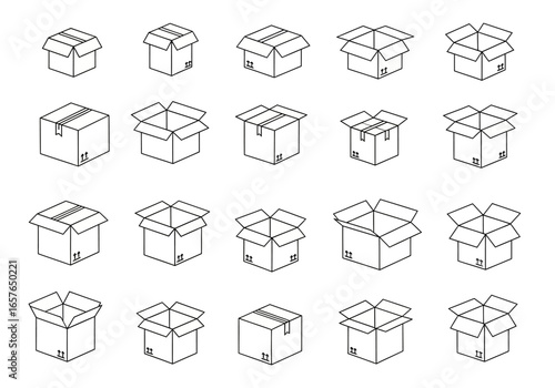 A collection of various open and closed cardboard box illustrations in a grid layout, presented in a clean, minimalist line art style.