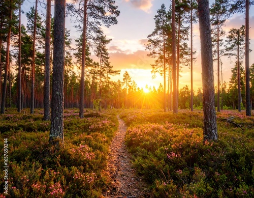 Sunrise path through a pine forest