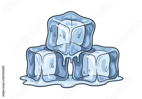 A stack of three melting ice cubes with water dripping down.