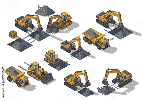 Isometric set of construction machinery including excavators, bulldozers, and dump trucks at a worksite.