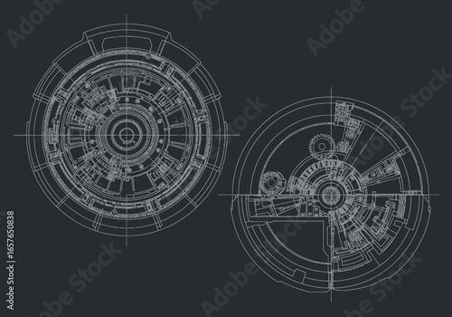 Two intricate circular technical blueprints showing complex internal mechanisms and gears on a dark background.