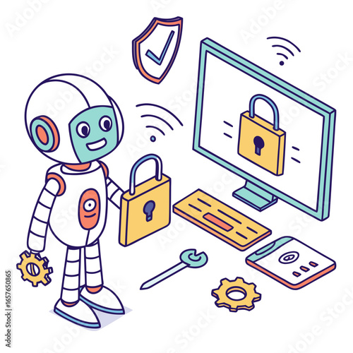 Cute robot protecting digital data with locks and shield technology cybersecurity